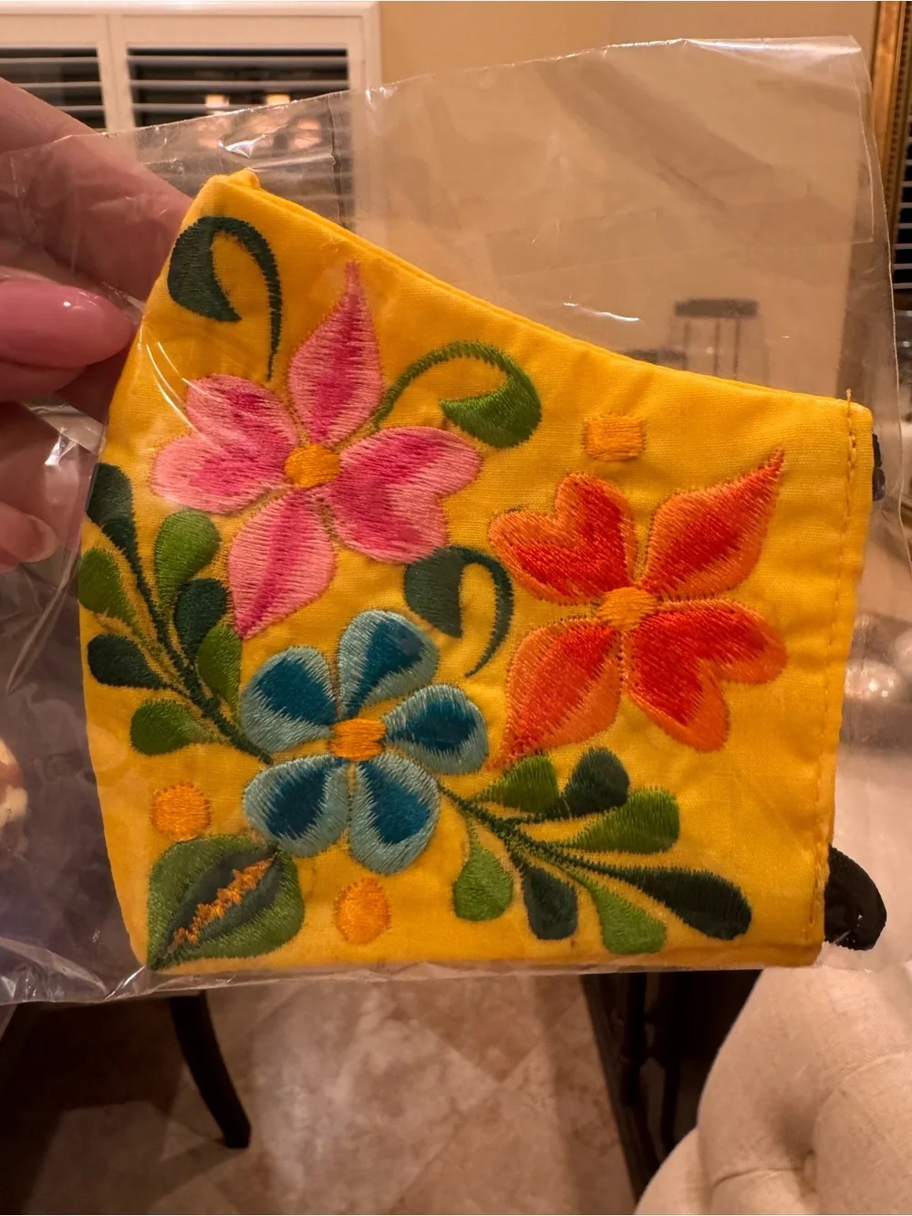 Yellow Floral Embroidered Face Mask - Women Accessories